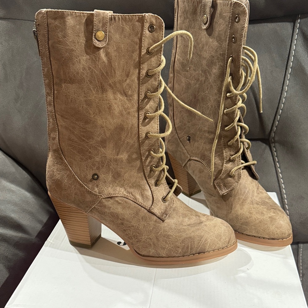 JustFab Tan Lace-Up Mid-Calf Heeled Boots